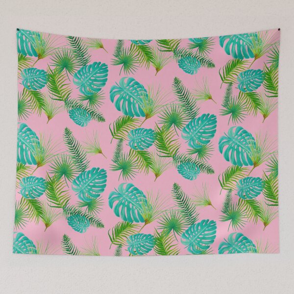Item preview, Green Tropical Leaves on pink background designed and sold by MatsonArtDesign.