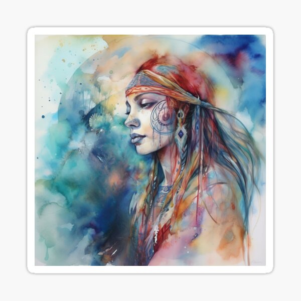 Aperçu de l'œuvre Native American Rainbow Woman - Déesse spirituelle en coiffure créée et vendue par Jackie Schwabe.