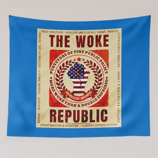 Item preview, PMD00778 Progressive Movement Designs Woke Republic vintage poster design shows you are woke and support progressive goals for progressive Democrats Independents and Bernie Sanders supporters designed and sold by ProgressiveLeft.