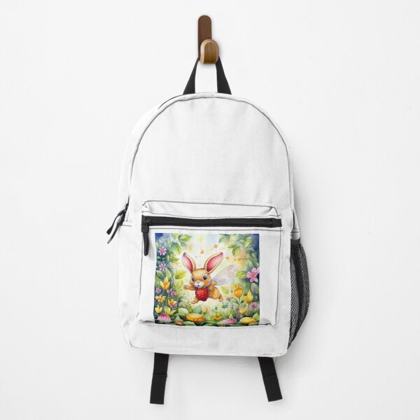 Item preview, Cute bunny hopping in a vibrant garden, excitedly playing with flowers and leaves, discovers a sweet strawberry 1-2 designed and sold by KrazyFantasy.