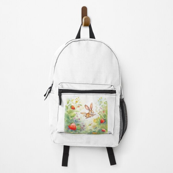 Item preview, Cute bunny hopping in a vibrant garden, excitedly playing with flowers and leaves, discovers a sweet strawberry 1-3 designed and sold by KrazyFantasy.
