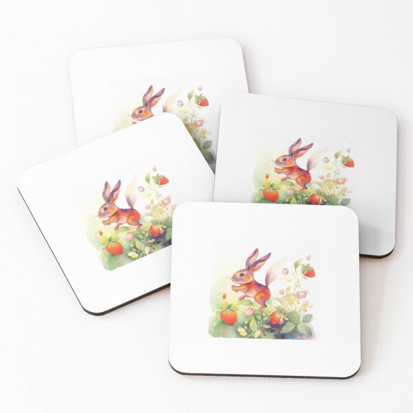 Item preview, Cute bunny hopping in a vibrant garden, excitedly playing with flowers and leaves, discovers a sweet strawberry 1-4 designed and sold by KrazyFantasy.