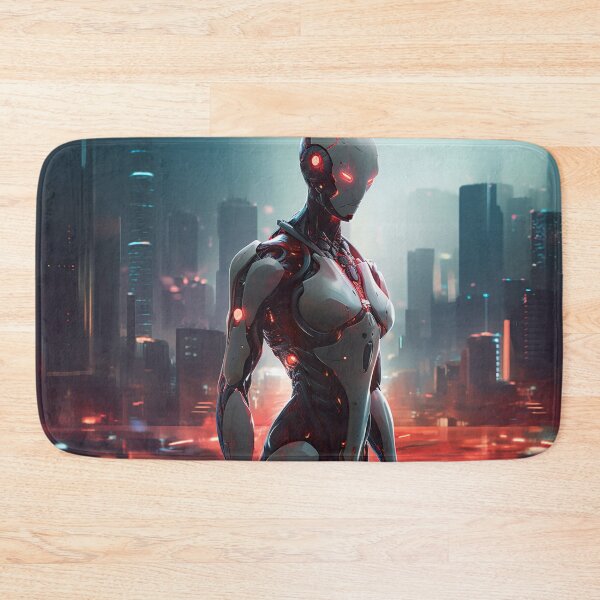 Item preview, Glowing Cyborg in Futuristic Cityscape designed and sold by PrintCove.