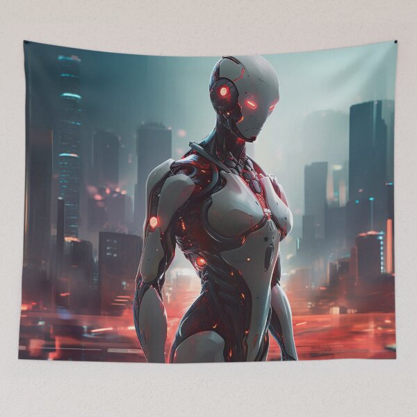 Item preview, Glowing Cyborg in Futuristic Cityscape designed and sold by PrintCove.