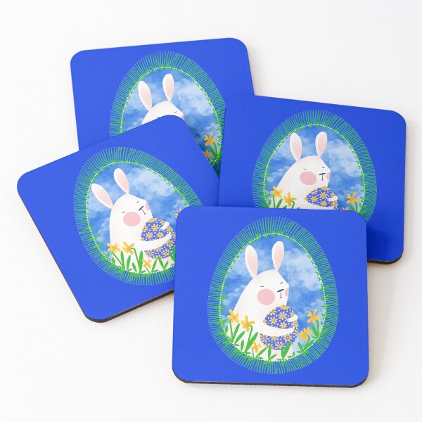 Item preview, Cute white bunny with floral easter egg decoration on blue sky, version 1 designed and sold by IULIART.