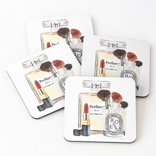 Item preview, Watercolor Perfume bottle with lipstick and makeup brushes designed and sold by AmandaGreenwood.