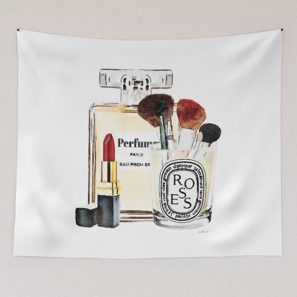 Item preview, Watercolor Perfume bottle with lipstick and makeup brushes designed and sold by AmandaGreenwood.