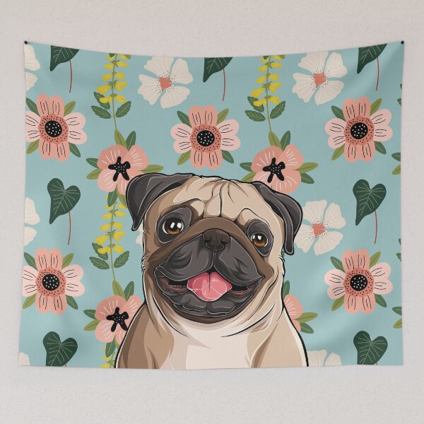 Item preview, Pug Dog Head with Spring Flower Pattern Background designed and sold by SeasonalDogs.
