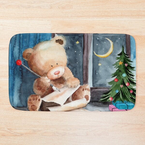 Item preview, Watercolor illustration of a teddy bear writing a letter to Santa Claus in a room with a decorated christmas tree designed and sold by MaryWatercolor.