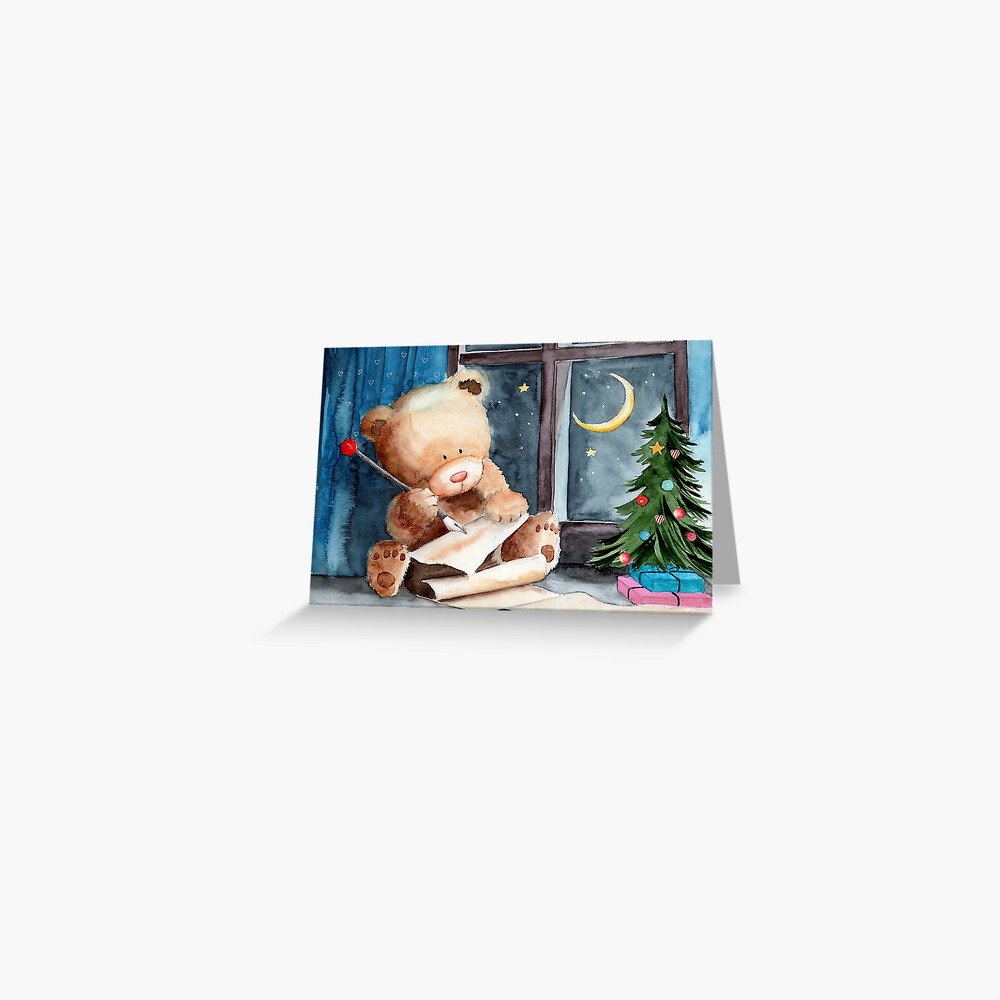 Watercolor illustration of a teddy bear writing a letter to Santa Claus in  a room with a decorated christmas tree Greeting Card