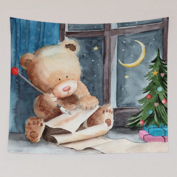Item preview, Watercolor illustration of a teddy bear writing a letter to Santa Claus in a room with a decorated christmas tree designed and sold by MaryWatercolor.
