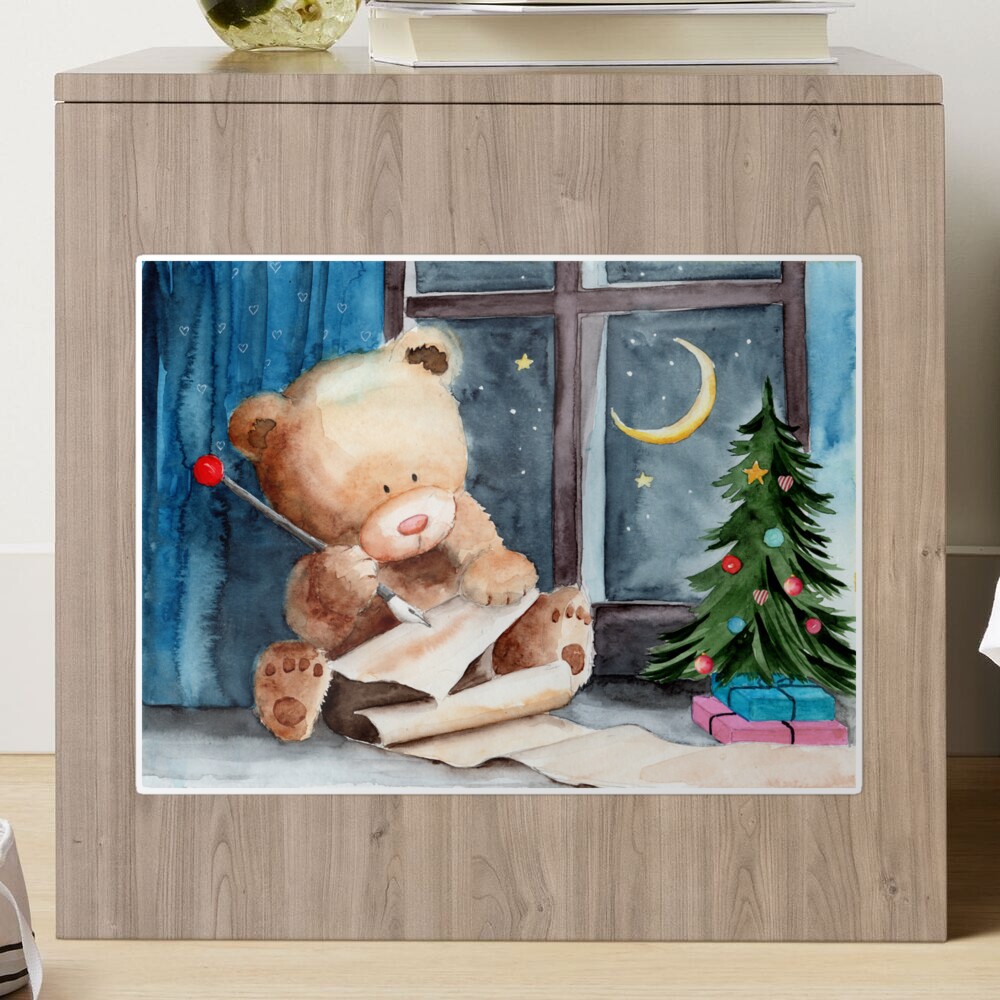 Watercolor illustration of a teddy bear writing a letter to Santa