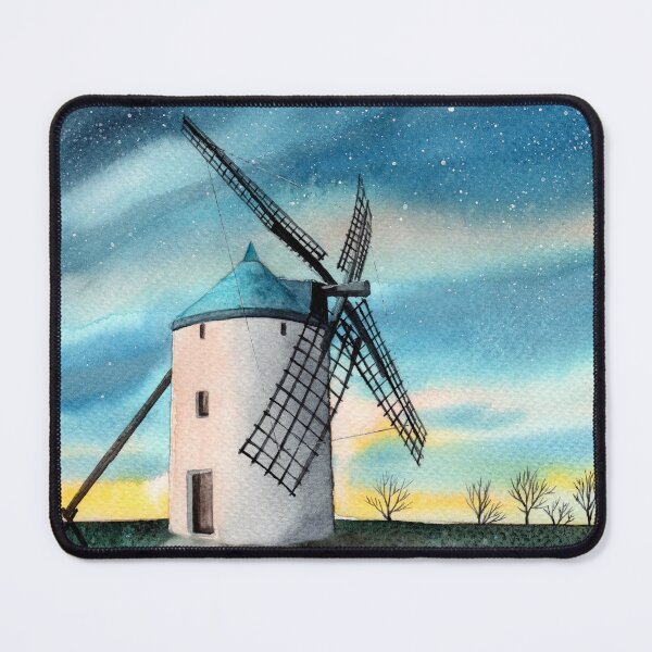 Item preview, Watercolor illustration of a night landscape with a windmill on a green meadow under the starry sky designed and sold by MaryWatercolor.