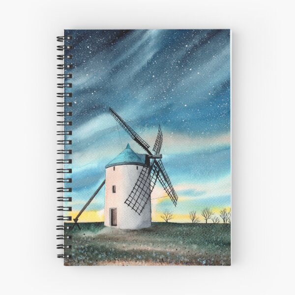 Item preview, Watercolor illustration of a night landscape with a windmill on a green meadow under the starry sky designed and sold by MaryWatercolor.