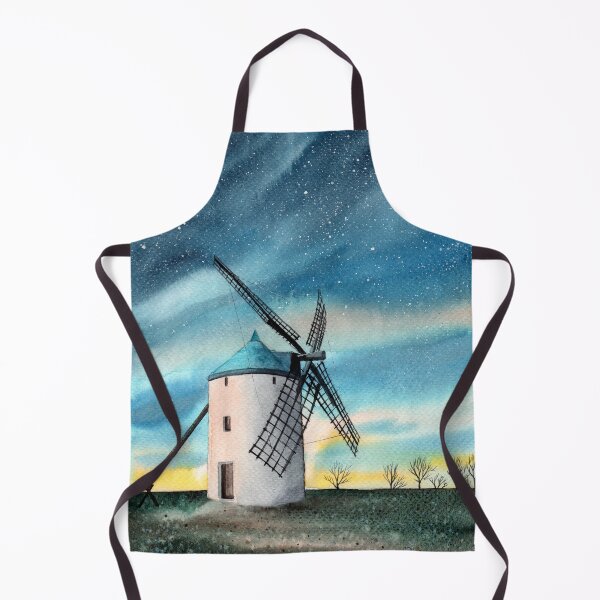 Item preview, Watercolor illustration of a night landscape with a windmill on a green meadow under the starry sky designed and sold by MaryWatercolor.