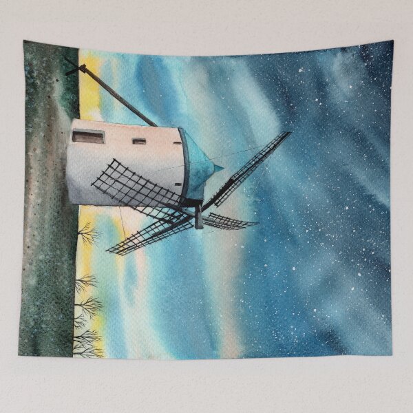 Item preview, Watercolor illustration of a night landscape with a windmill on a green meadow under the starry sky designed and sold by MaryWatercolor.