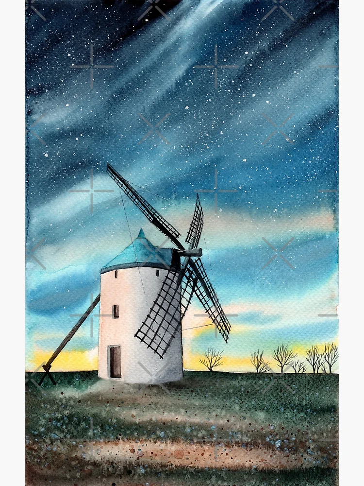 Windmill On The Water. popular Original Watercolor Painting on Cotton Paper.