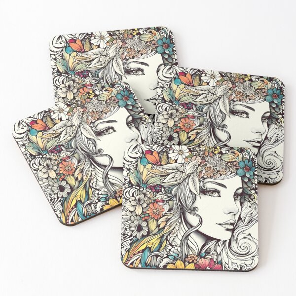 Item preview, Female and Flowers : Unfinished Colouring Book Page designed and sold by MTJ-Mushrooms.