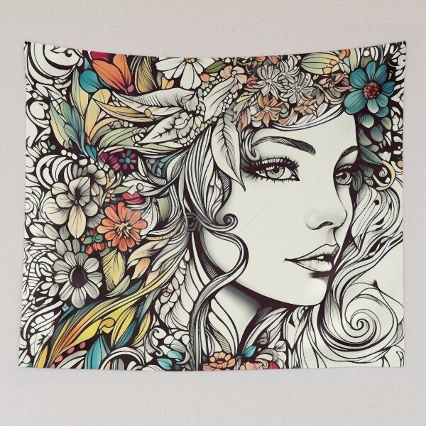 Item preview, Female and Flowers : Unfinished Colouring Book Page designed and sold by MTJ-Mushrooms.