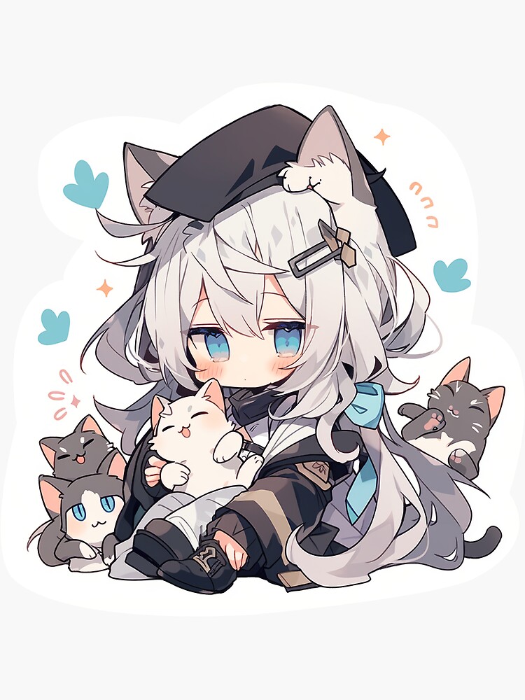 Cute Chibi Anime Cat Girl With Cats | Sticker