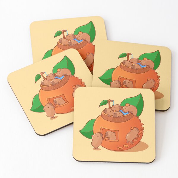 Item preview, cute capybara art, capybaras in a yuzu onsen bath, bathing with oranges designed and sold by tinyartsshop.