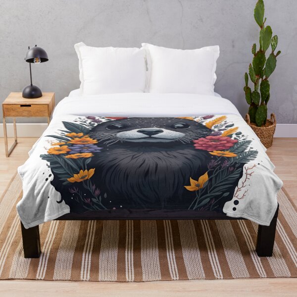 Aperçu de l'œuvre Illustration aquarelle mignonne de loutre noire avec des fleurs complémentaires créée et vendue par AndyNgn.