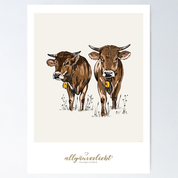 Zwei junge Kühe mit Gras Poster