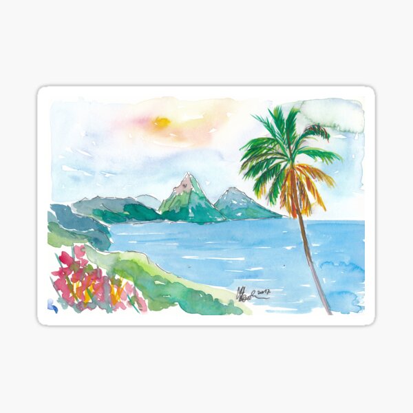 Aperçu de l'œuvre Rêves des Caraïbes à Sainte-Lucie avec coucher de soleil et Pitons Peaks créée et vendue par artshop77.