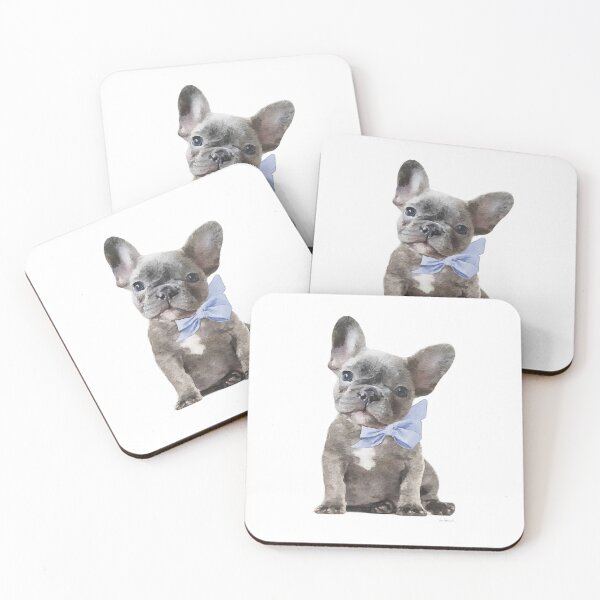 Item preview, little grey Frenchie puppy with blue bow, watercolor designed and sold by AmandaGreenwood.