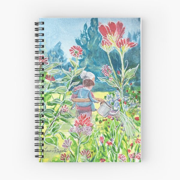 Item preview, Watercolor painting by Laura Rispoli Mothers Day gifts Grandma holding baby  child grandson watering plants garden flowers spring summer zinnias mom day gift son daughter  designed and sold by Laura-Rispoli.