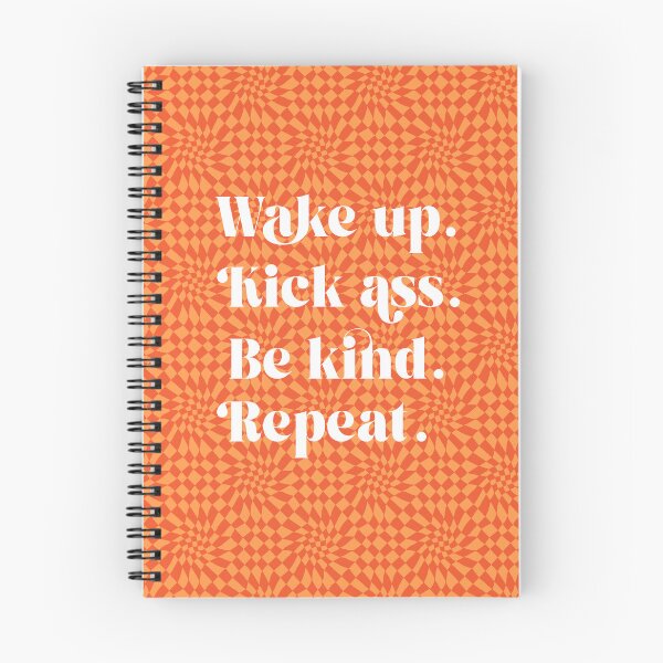 Item preview, Wake up, Kick ass, Be kind, Repeat Funny daily reminder typography with Psychedelic orange check pattern designed and sold by MinkkiDraws.