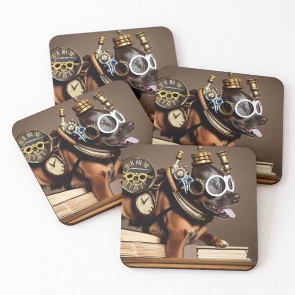 Item preview, Steampunk dog wearing glasses with a clock sitting  on books designed and sold by RemieJames.