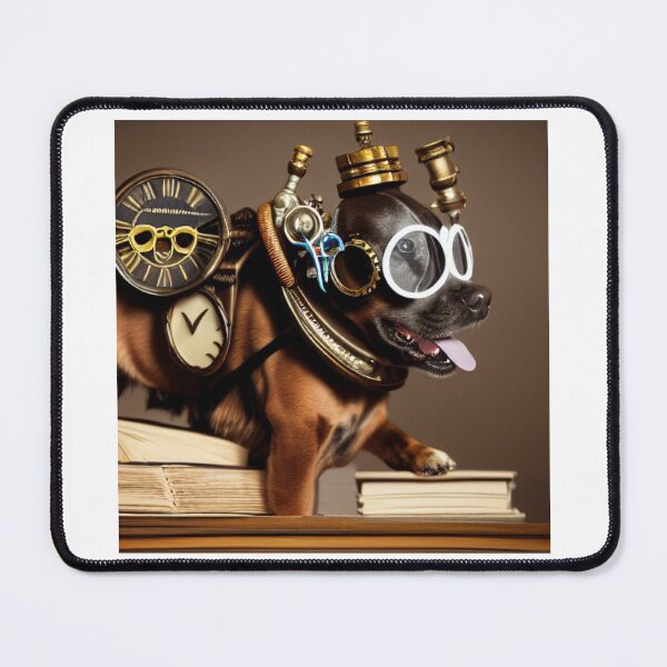 Item preview, Steampunk dog wearing glasses with a clock sitting on books designed and sold by RemieJames.