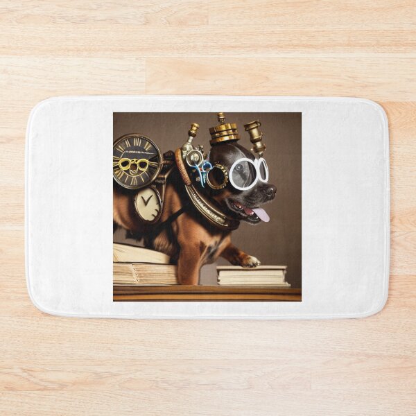 Item preview, Steampunk dog wearing glasses with a clock sitting  on books designed and sold by RemieJames.