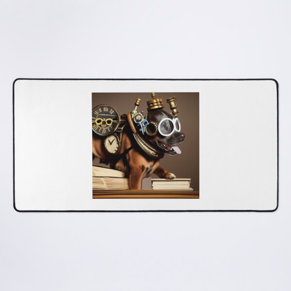 Item preview, Steampunk dog wearing glasses with a clock sitting on books designed and sold by RemieJames.