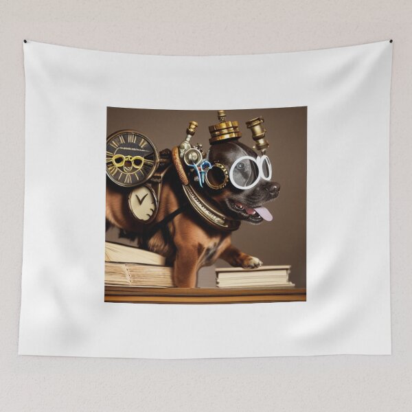 Item preview, Steampunk dog wearing glasses with a clock sitting  on books designed and sold by RemieJames.