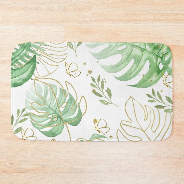  Sage Green Bath Mat，Tropical White Palm Leaf