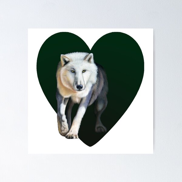 Item preview, White wolf emerging from the darkness - dry pastel version, dark green heart background designed and sold by SylvieG18.