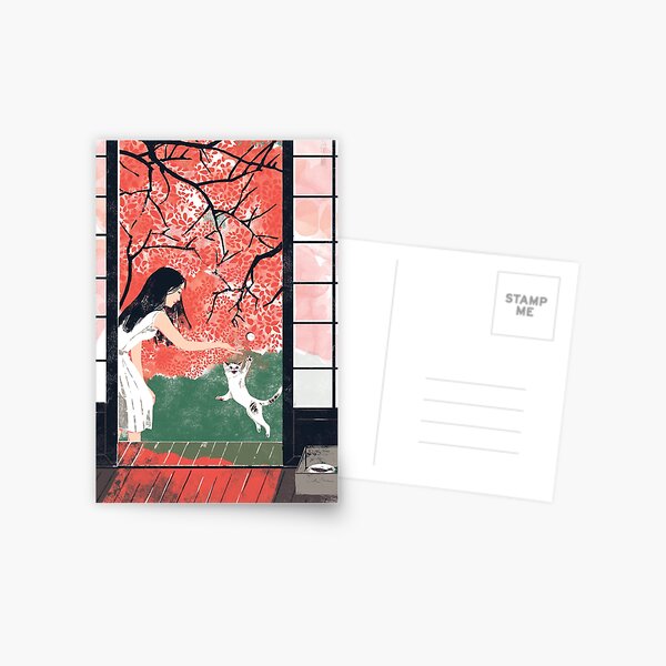 Playing with cat under cherry blossom Postcard