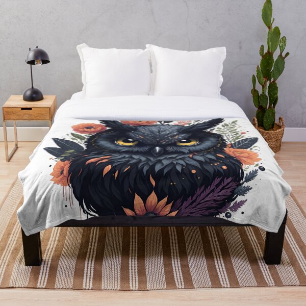 Aperçu de l'œuvre Art aquarelle lunatique de hibou noir avec des fleurs et des feuilles vibrantes créée et vendue par AndyNgn.