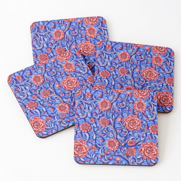 Aperçu de l'œuvre Fleurs rouges en fleurs avec motif de fond bleu créée et vendue par Digi Artworks Store.