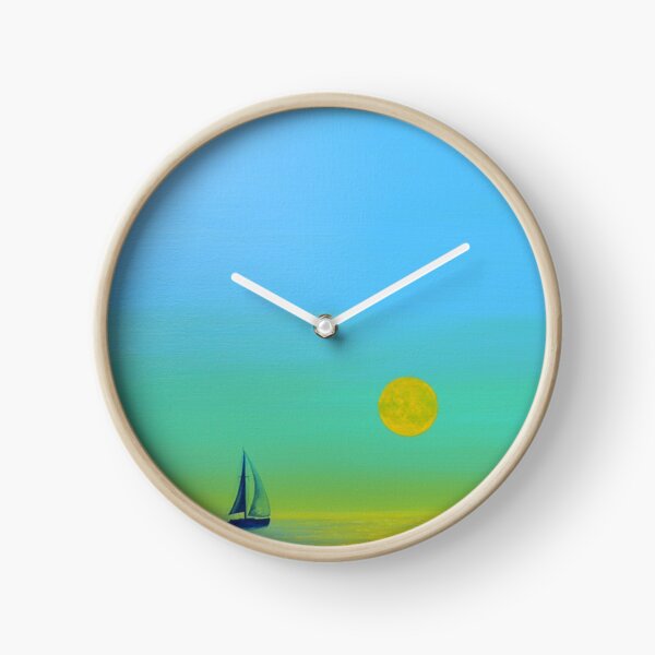 Sail Away Yellow Moon Blue Boat Sea Sunset Landscape Clock