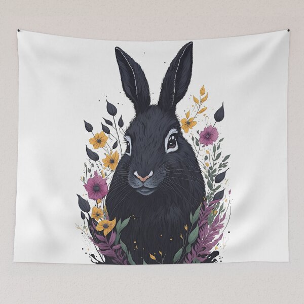 Aperçu de l'œuvre Art aquarelle de lapin noir mignon avec des fleurs et des feuilles complémentaires créée et vendue par AndyNgn.