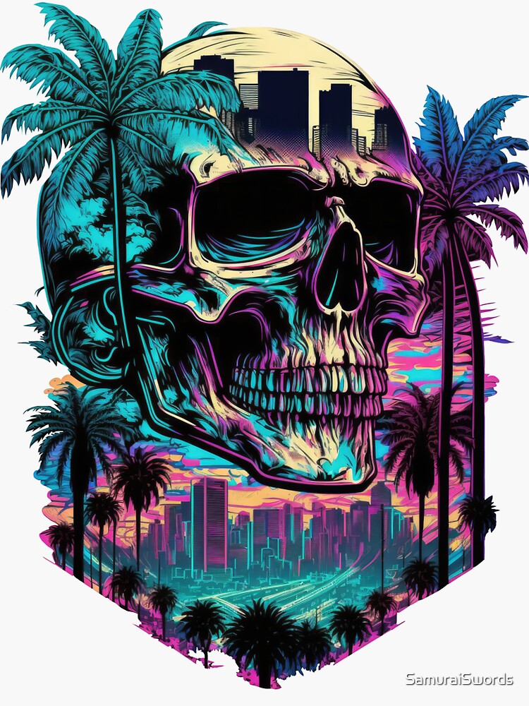 Synthwave Skull Sunset Palm Tree City Sticker