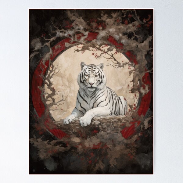  White Tiger Line Drawing Polygon Stripes Pattern Artwork Framed  A3 Wall Art Print: Posters & Prints