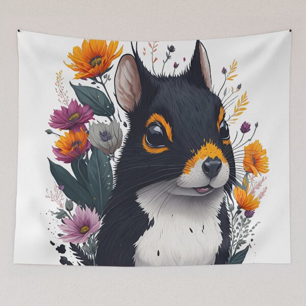 Item preview, Cute Black Squirrel Watercolor Art with Complementary Flowers designed and sold by AndyNgn.