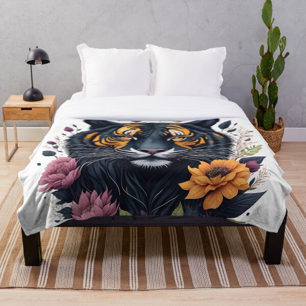 Aperçu de l'œuvre Joli tigre noir entouré de fleurs et de feuilles colorées à l'aquarelle créée et vendue par AndyNgn.