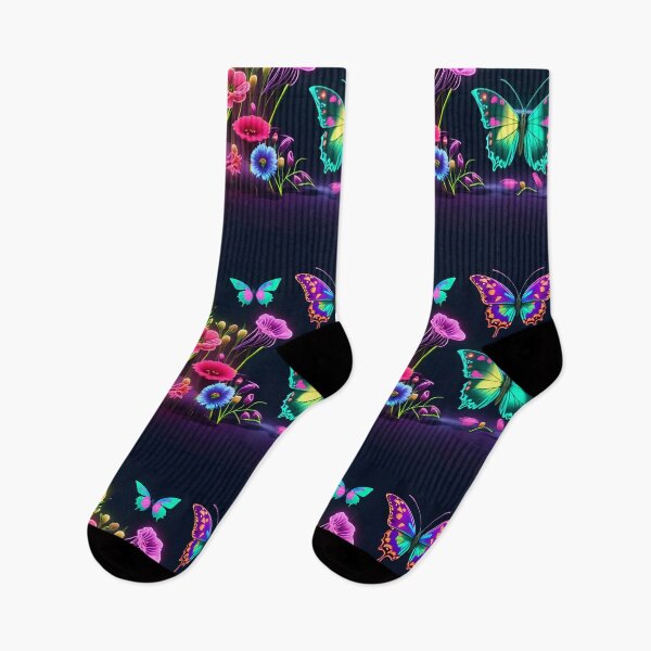 Aperçu de l'œuvre Motif néon de fleurs colorées et de papillons colorés créée et vendue par artist-mac.