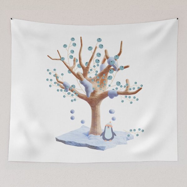Item preview, Penguin wearing winter hat under winter tree with winter florals designed and sold by JadeNeststudio.