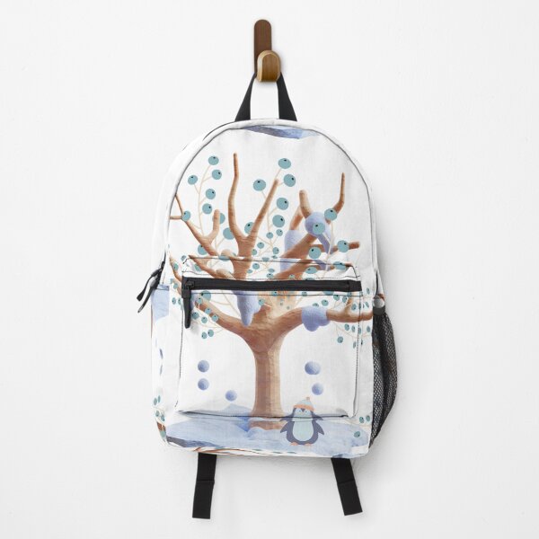 Item preview, Penguin wearing winter hat under winter tree with winter florals designed and sold by JadeNeststudio.